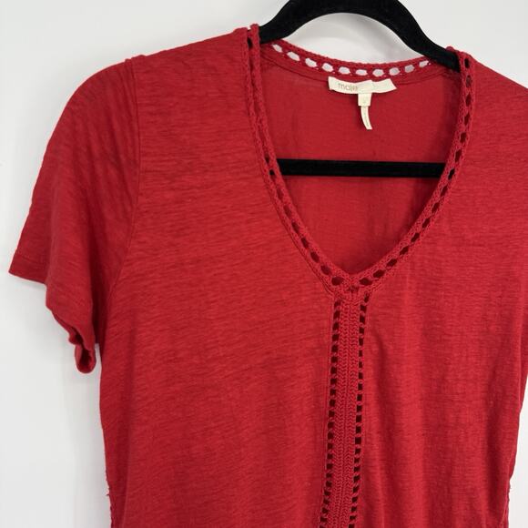 Maje Linen Short Sleeve Tee Women Size 2 V Neck Crochet Eyelet Red Pull Over - Picture 4 of 11